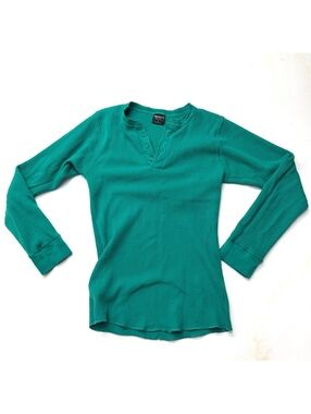 Vintage 80s Wrights Turquoise Green Waffle Thermal Knit Long Sleeve Henley Shirt